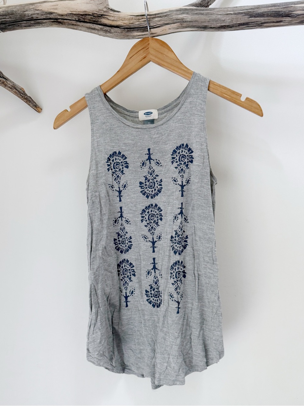 Old Navy | Heather Gray Navy Floral Stamped Printed Flowy Tank Top Rayon Soft